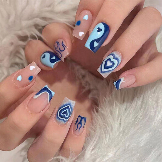 Hot Fire Love Short Square Blue Groovy Press On Nails