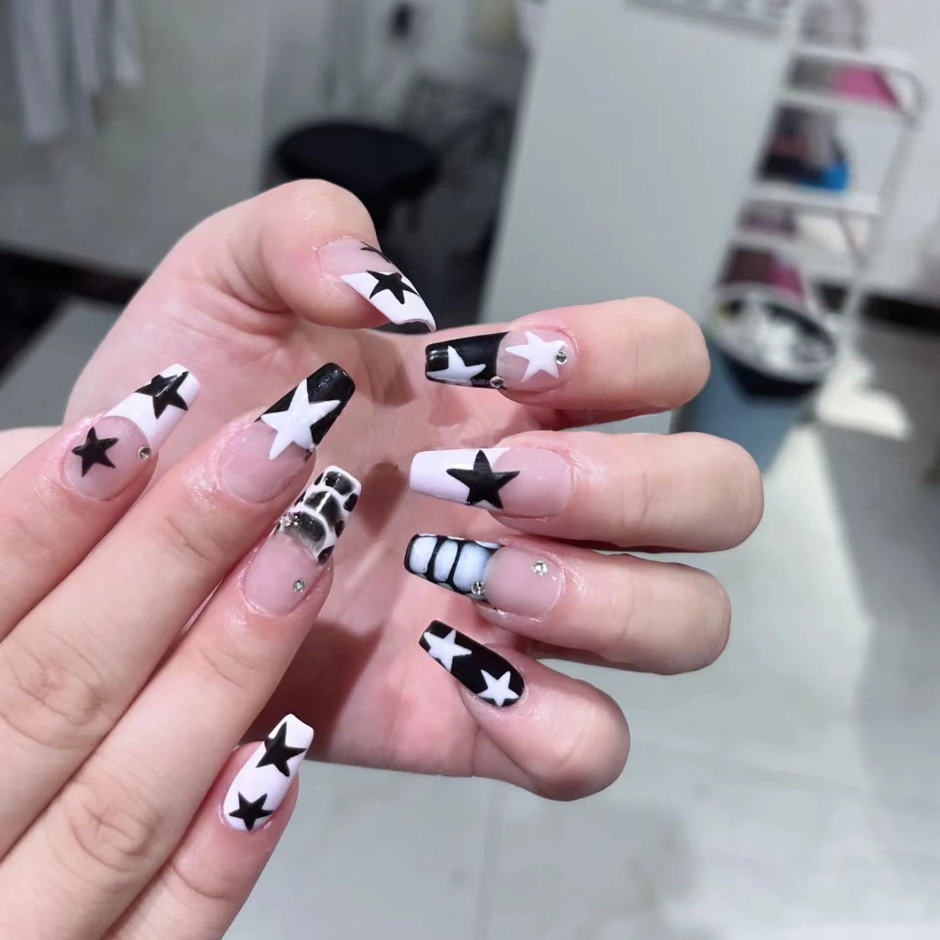 Coffin Black Nails with Star Glamour