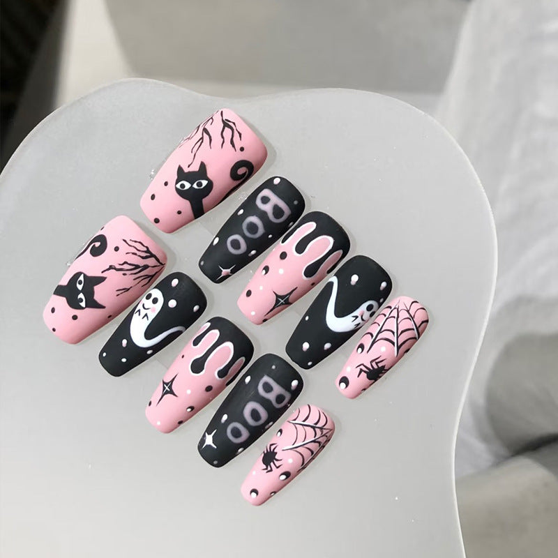 Spooky Charm Long Coffin Pink and Black Halloween Themed Press On Nail Set