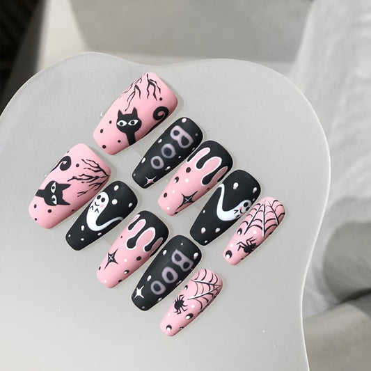 Spooky Charm Long Coffin Pink and Black Halloween Themed Press On Nail Set