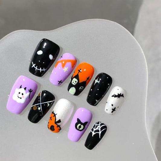 Spooky Halloween Long Coffin Purple and Black Haunted Design Press on Nail Set