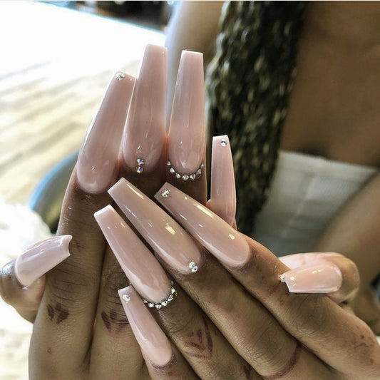 Try Me Long Coffin Beige Studded Press On Nails