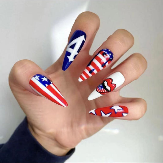 Rolling Stones Long Stiletto Red White And Blue 4th Of July Press On Nails