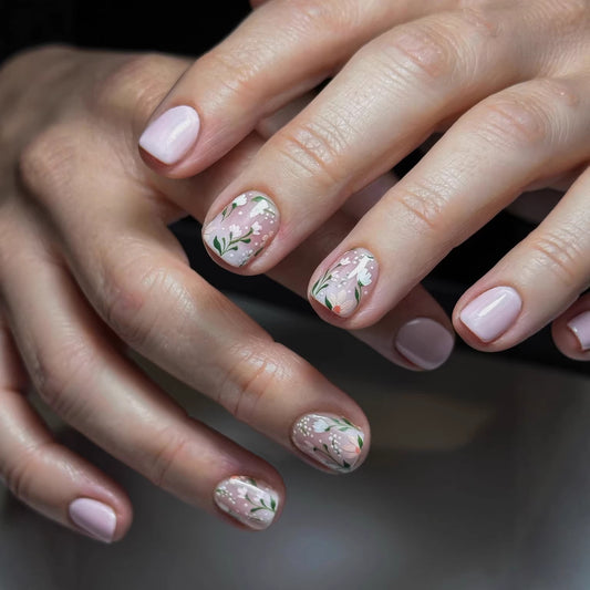 Floral Bliss Short Square Pink Press On Nail Set with Delicate Hand-Painted Designs