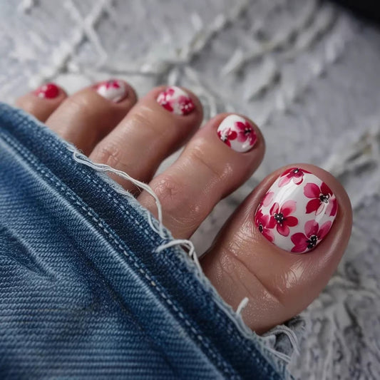 Floral Fantasy Short Square Pink and White Press-On Toenail Set with Elegant Design