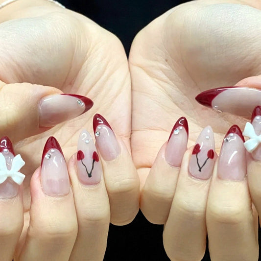 Cherry Blossom Dream Long Almond Red and Clear Press on Nail Set with Floral Accents and Bling Design
