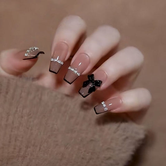 Glamorous Vintage Coffin Long Press On Nail Set in Ombre Beige with Black Accents and Rhinestone Embellishments