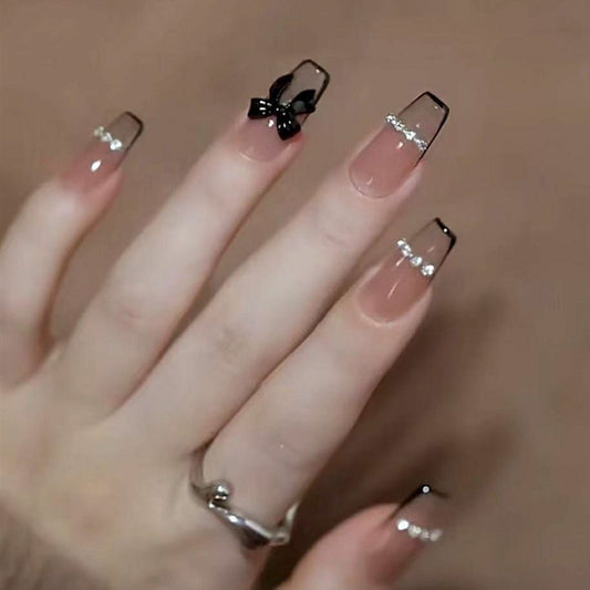 Elegant Night Out Long Coffin Almond Press On Nail Set Black and Beige with Rhinestone and Butterfly Accent