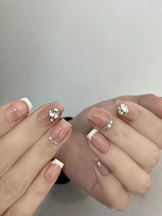 Elegant Bridal Medium Square French Tip Beige Press On Nail Set with Rhinestone Accents