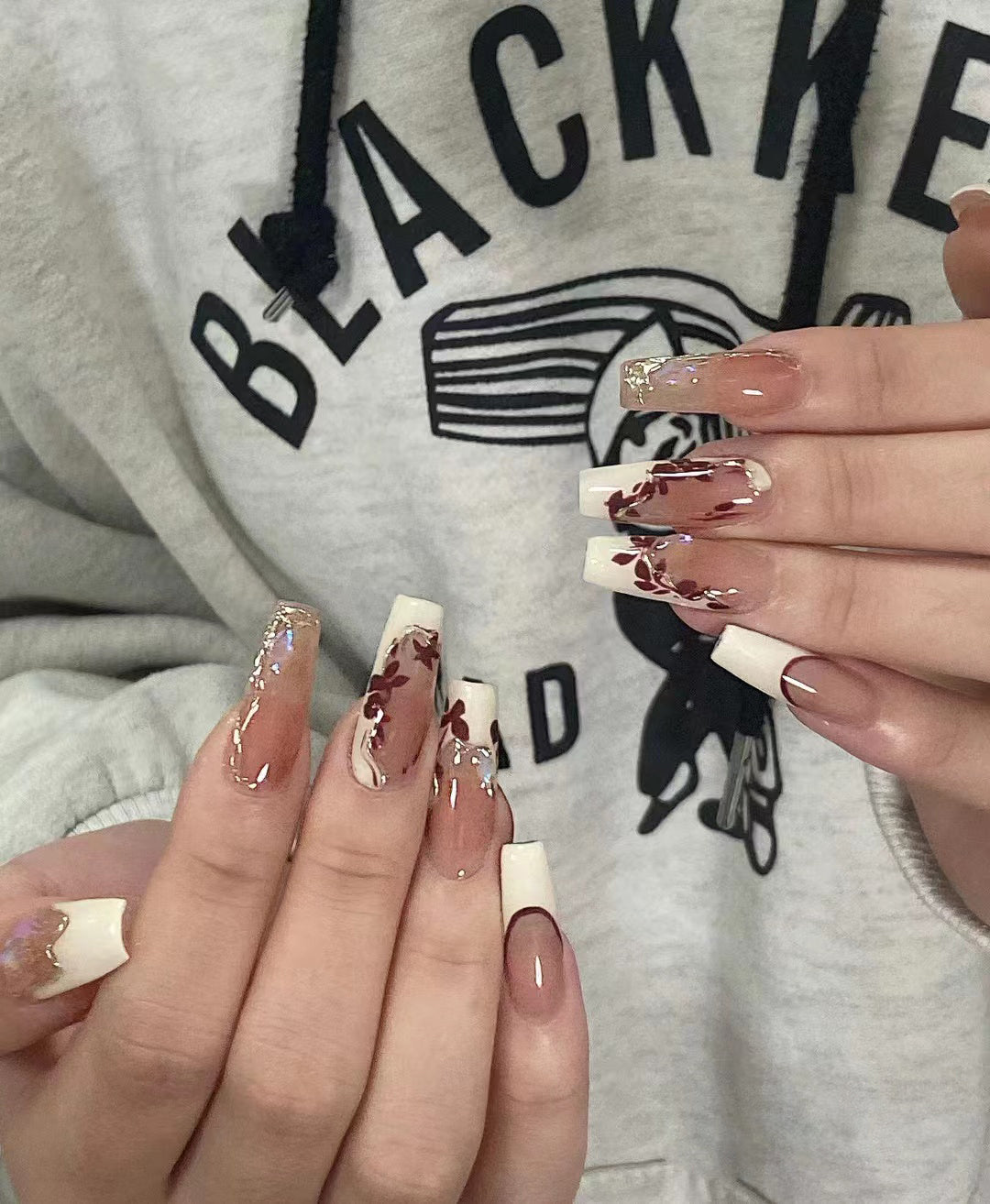 Autumn Elegance Long Coffin Beige Press On Nail Set with Gold Foil Flake Accents