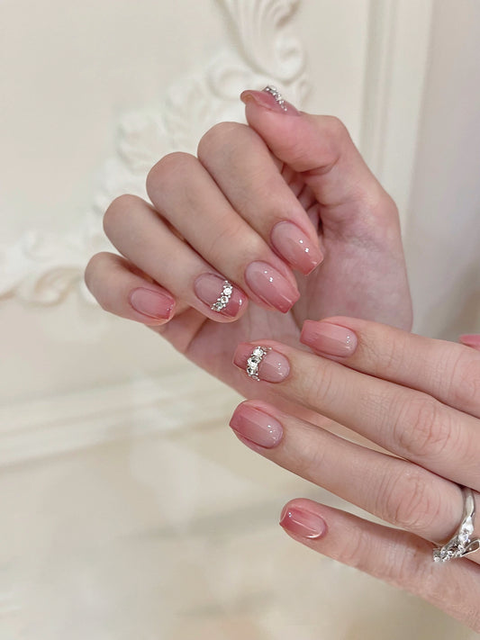 Elegant Bridal Bliss Medium Length Square Beige Press On Nails with Rhinestone Accents