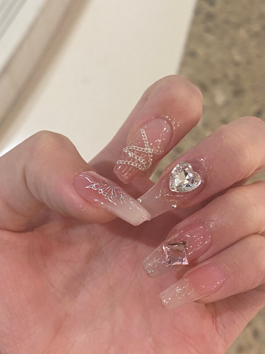 Elegant Bridal Extra Long Coffin Shape Clear Press On Nail Set with Sparkling Rhinestone Accents