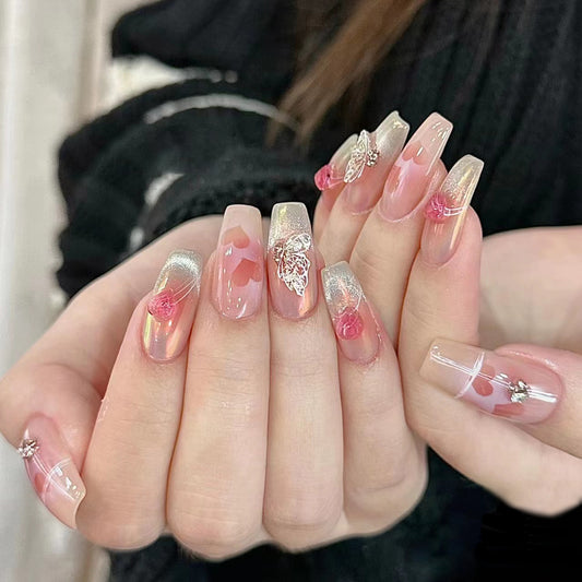 Elegant Romance Long Coffin Pink Ombre Press On Nail Set with Gold Glitter Accents and Rhinestone Embellishments