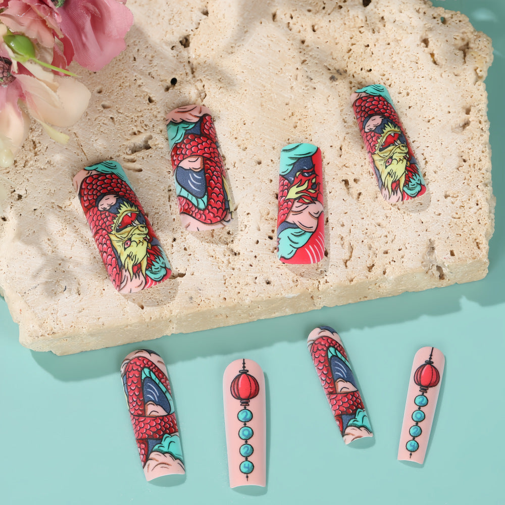 Dragon Fantasy Long Square Pink Press On Nail Set with Intricate Colorful Artistry