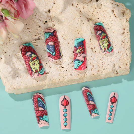 Dragon Fantasy Long Square Pink Press On Nail Set with Intricate Colorful Artistry