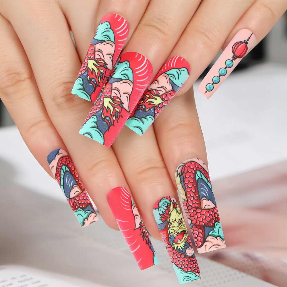 Bold Dragon Mythology Extra Long Square Shaped Red and Aqua Press On Nail Set with Unique Intricate Pattern Design