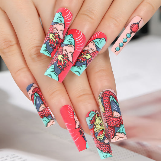 Bold Dragon Mythology Extra Long Square Shaped Red and Aqua Press On Nail Set with Unique Intricate Pattern Design