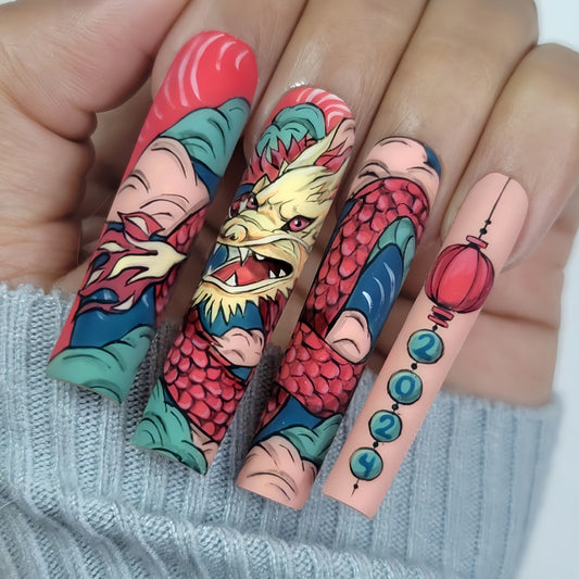 Dragon Dance Festive Long Square Red and Green Press On Nail Set with Intricate 20 Lantern Design