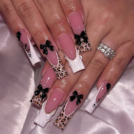 Chic Wild Beauty Long Stiletto Pink and Leopard Print Press On Nail Set with Black Bow Accents