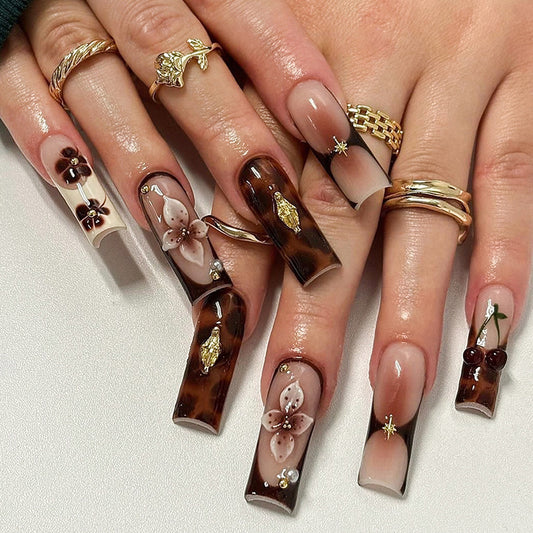 Bohemian Elegance Long Square Brown Floral Press On Nail Set with Glamorous Nail Art Accents