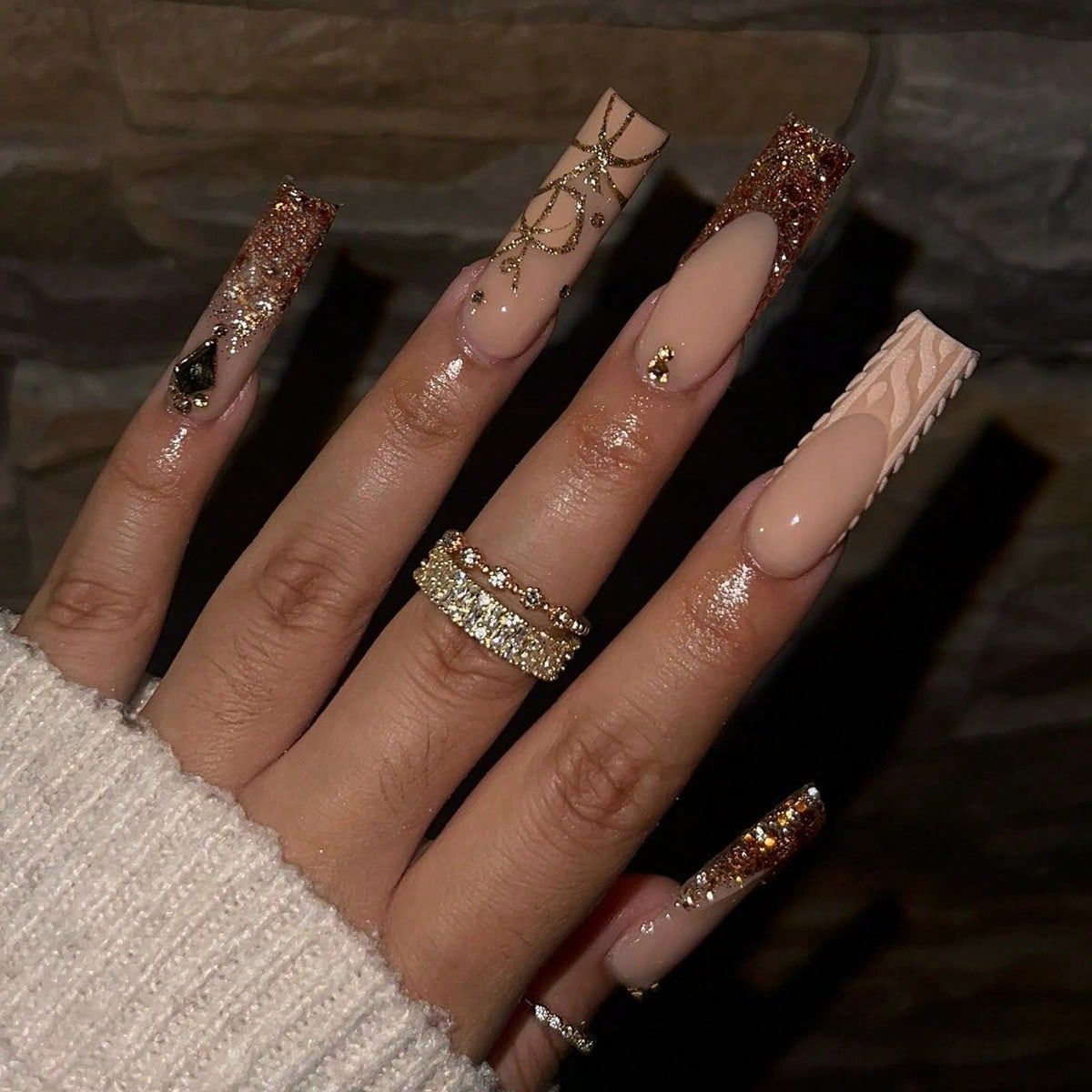 Glamorous Winter Wonderland Long Square Beige and Glittery Ombré Press On Nail Set with Intricate Designs