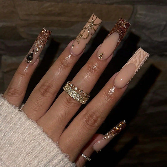 Glamorous Winter Wonderland Long Square Beige and Glittery Ombré Press On Nail Set with Intricate Designs