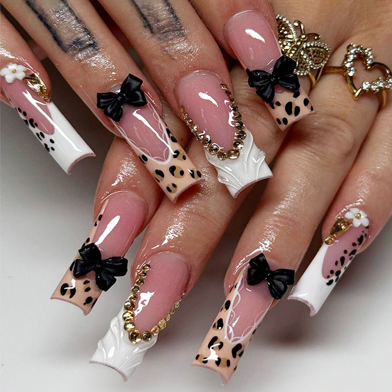 Chic Safari Long Square Rose Gold and Black Luxe Press on Nail Set with Bow and Bead Details