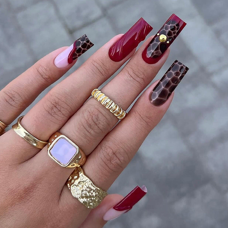 Glamorous Wildfire Long Square Burgundy and Brown Animal Print Accent Press on Nail Set