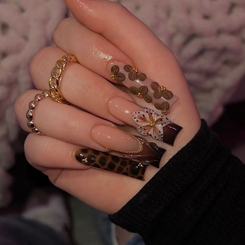 Bohemian Elegance Long Square Brown Floral and Leopard Print Nail Press Set