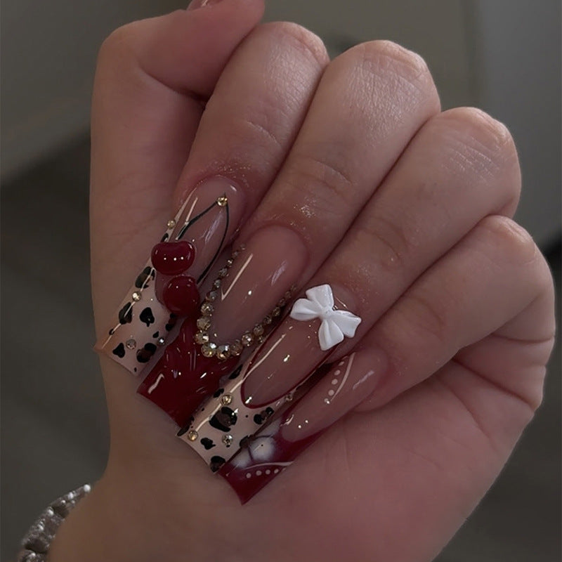 Charming Elegant Long Square Red and Beige Nail Set Featuring Bow and Beaded Accents