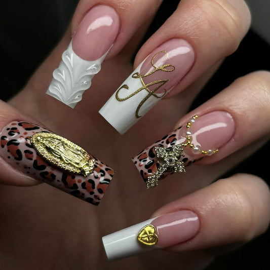Chic Leopard Print Glamorous Long Square Beige and White Press On Nail Set with Elegant Gold Embellishments