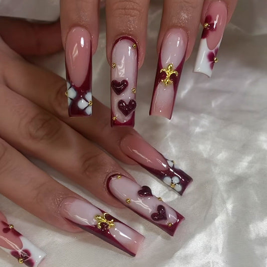 Romantic Glamour Long Square Burgundy and Pink Press on Nail Set with Heart and Floral Accents