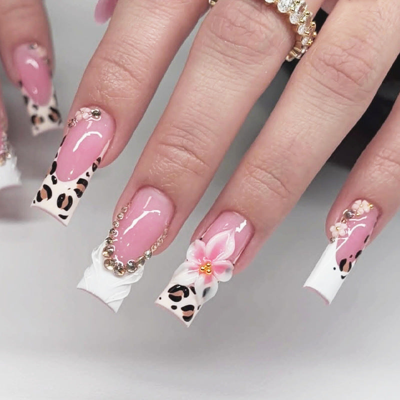 Glamorous Safari Inspired Long Square Pink with Floral and Animal Print Design Press on Nail Set