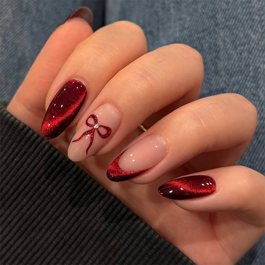 Glamorous Celebration Long Almond Red with Glitter and Chic Bow Press on Nail Set