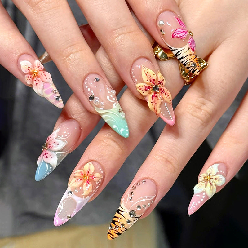 Tropical Elegance Long Stiletto Multicolor Floral Press On Nail Set with Sparkling Rhinestones