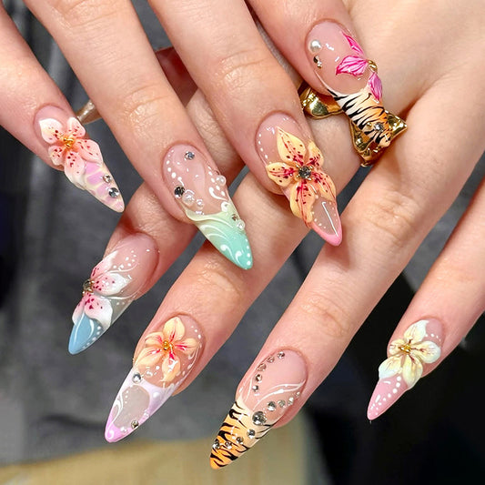 Tropical Elegance Long Stiletto Multicolor Floral Press On Nail Set with Sparkling Rhinestones