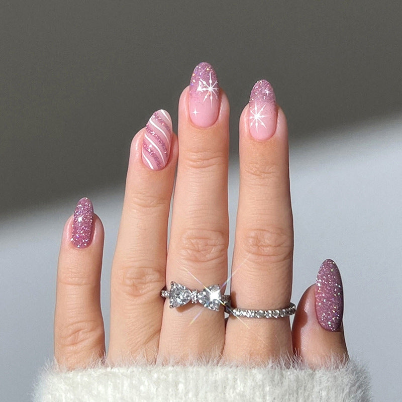 Glamorous Twilight Short Almond Pink Glittery Press On Nail Set with Sparkling Star Accents