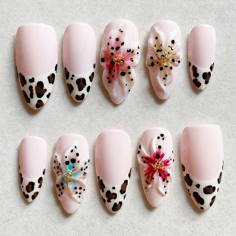 Wild Safari Chic Long Almond Pink Leopard Print Press On Nail Set with Floral Accents