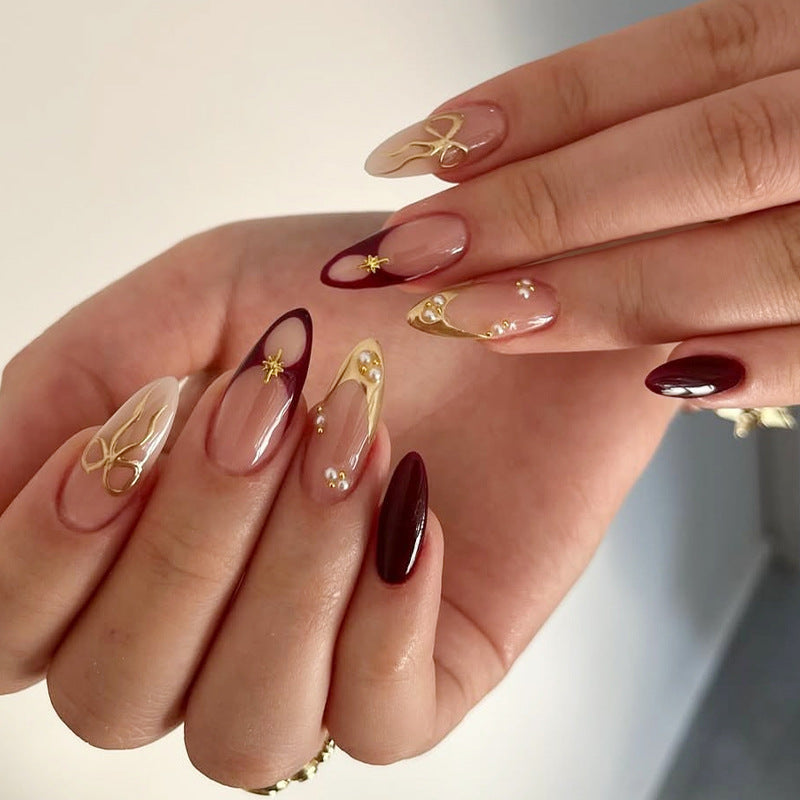 Glamorous Elegance Long Almond Burgundy and Clear with Gold Accents Press On Nail Set