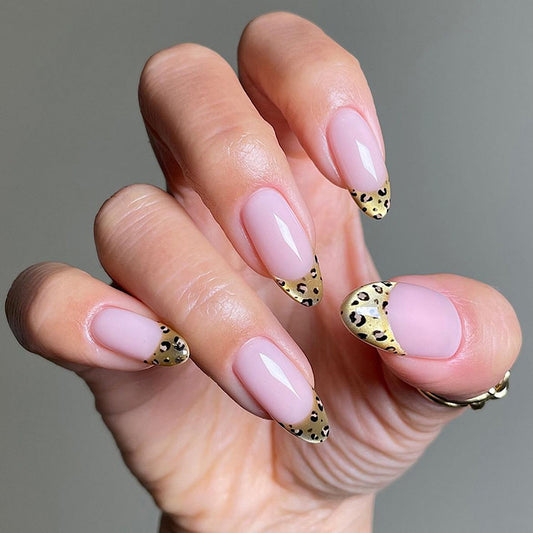 Glamorous Catwalk Long Almond Pink with Leopard Print Tip Press On Nail Set