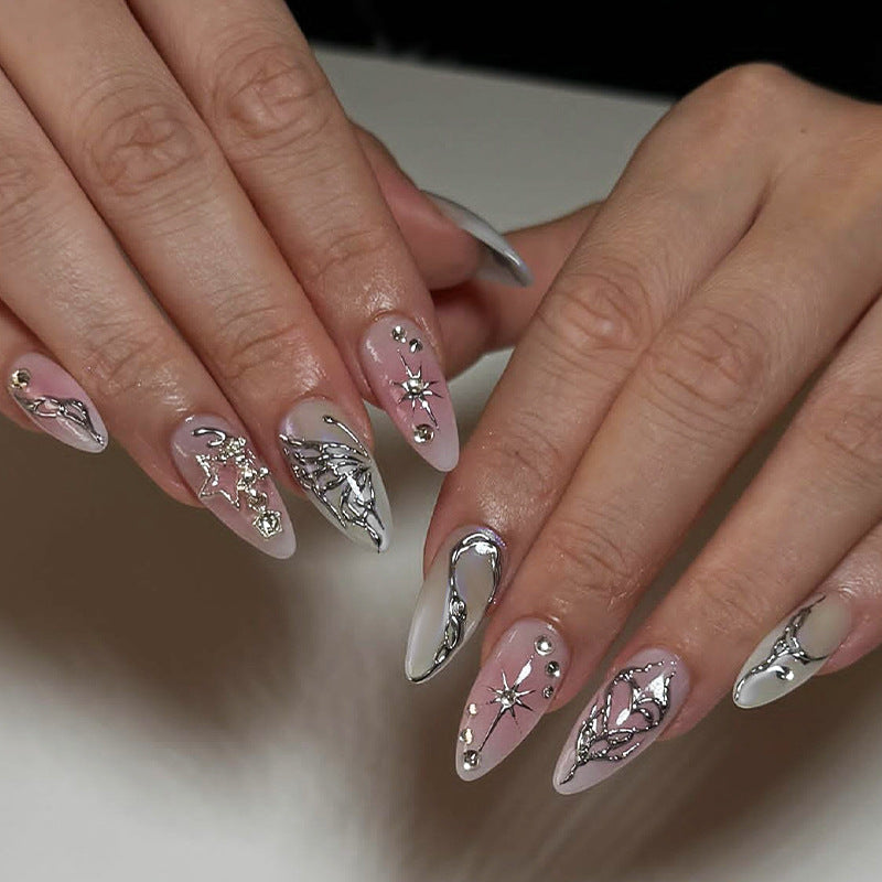 Celestial Dream Enchanted Long Almond Shaped Silver and Pink Gradient Press On Nail Set with Starry Accents