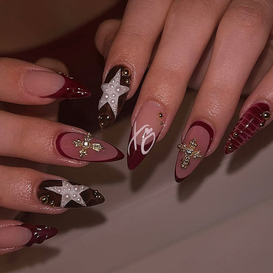 Glamorous Romance Long Almond Burgundy and Beige with Star and Pearl Accent Press On Nail Set