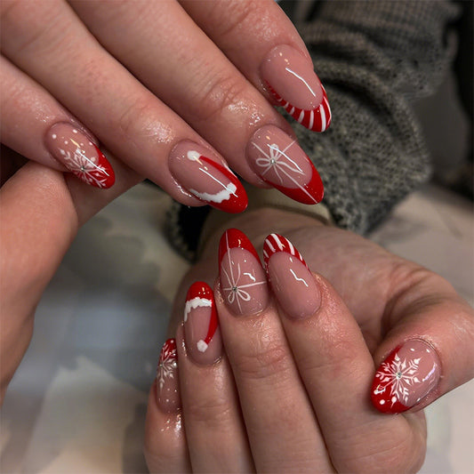 Festive Wonderland Medium Almond Red with Whimsical Holiday Designs Press-On Nail Set