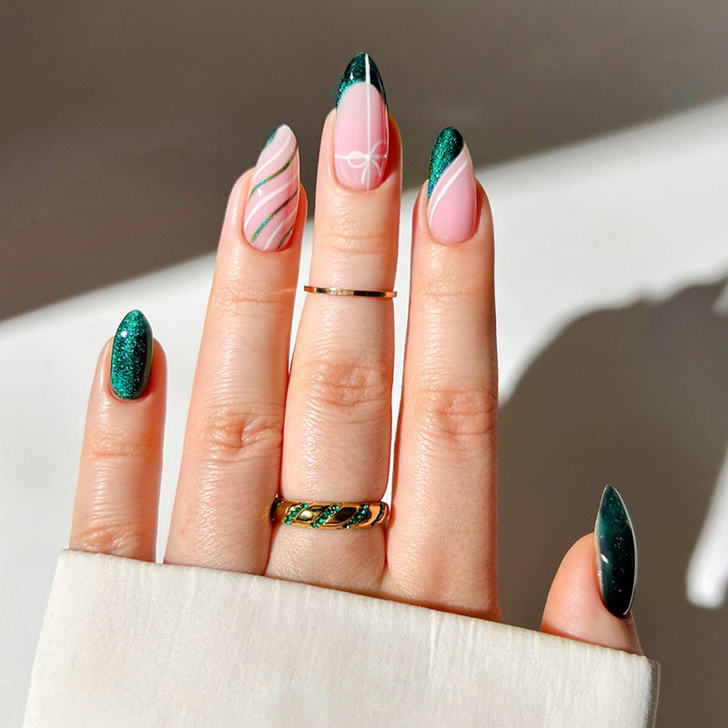Enchanted Forest Green Long Almond Shaped Glitter Press On Nail Set with Elegant Swirls and Dazzling Accents