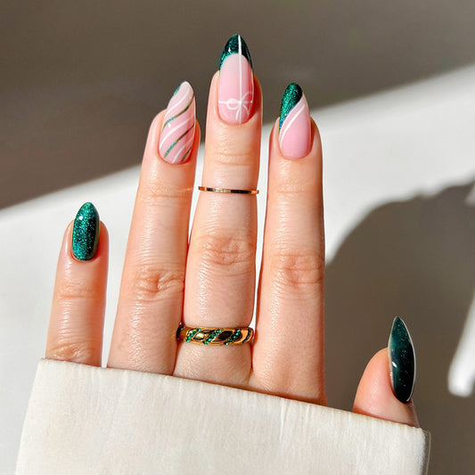 Enchanted Forest Green Long Almond Shaped Glitter Press On Nail Set with Elegant Swirls and Dazzling Accents