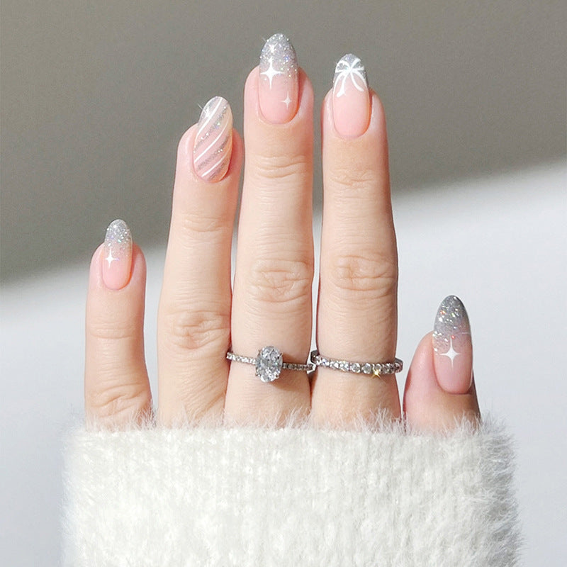 Celestial Dream Press On Nail Set Long Almond Pink with Sparkling Glitter and Elegant Designs