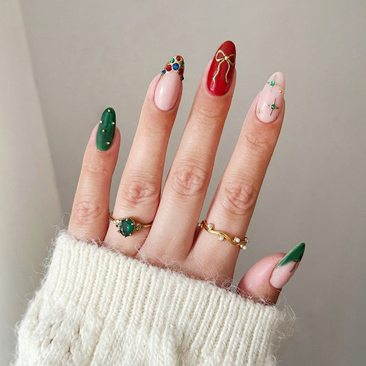 Festive Charm Long Almond Green Red and Pink Press on Nail Set with Unique Gemstone Accents
