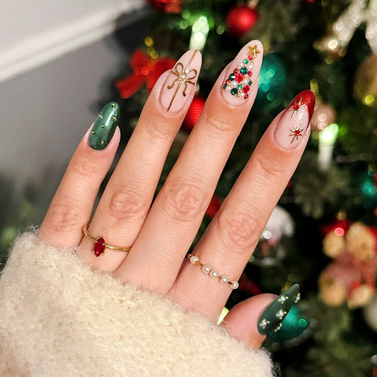 Festive Elegance Long Almond Red and Green Gradient Press-On Nail Set with Glittering Holiday Accents