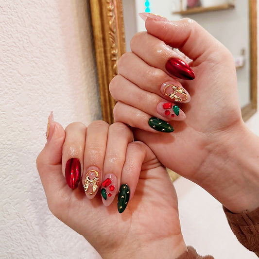 Festive Elegance Long Almond Green and Red Press On Nail Set with Charming Holiday Accents