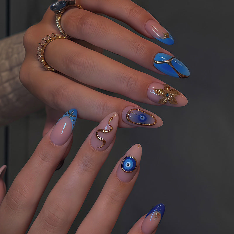 Mystical Oceanic Elegance Long Almond Shaped Sky Blue with Gold Accents Press on Nail Set